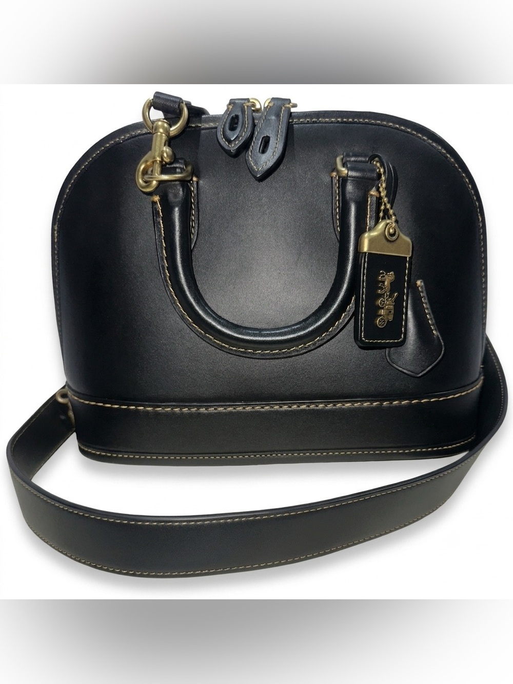 Coach Revel Bag 24 in black glovetanned leather with signature brass hardware. - Picture 2 of 11